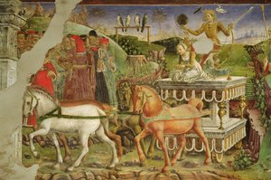 5月の寓話：馬に引っ張られ、オーロラに動かされたアポロの戦車、アポロの勝利、1469-70年の詳細、